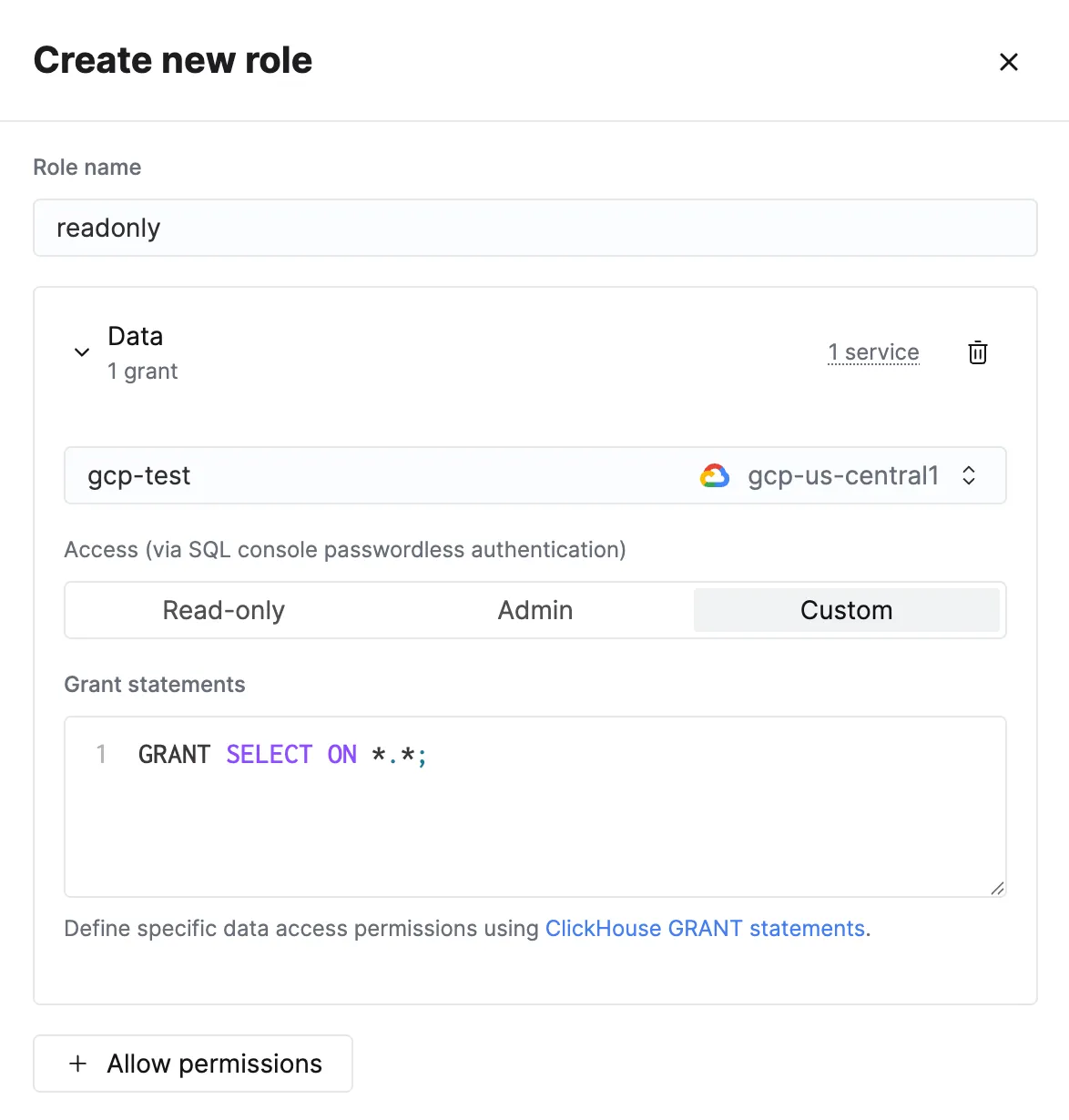 Create new role dialog with data permissions defined by custom grant statements