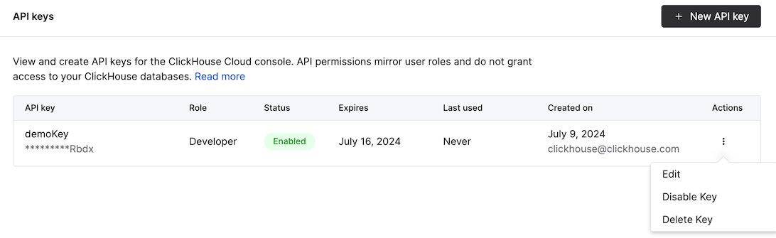 API Keys management page