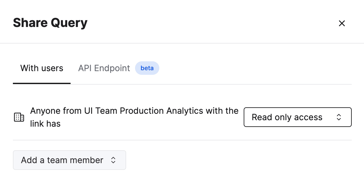 ClickHouse Cloud query editor showing the share functionality with permission options