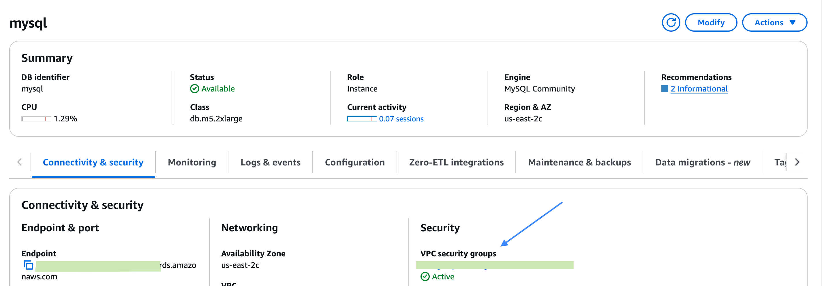 Where to find security group in RDS MySQL?