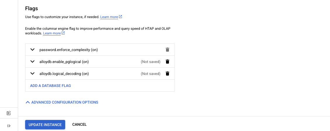 Set allowdb.enable_pglogical and alloydb.logical_decoding flags to on