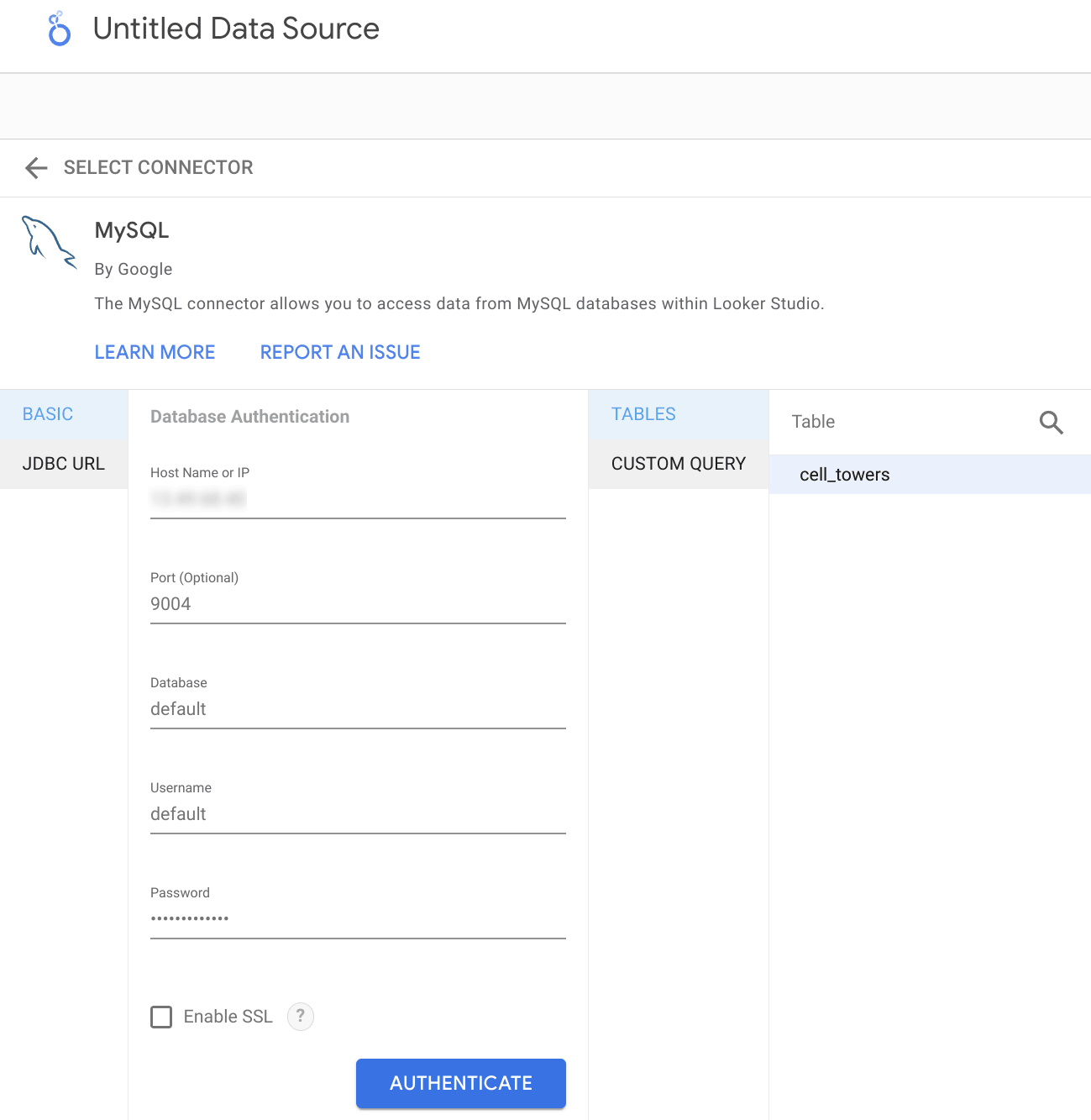 Using the Table Browser to select ClickHouse tables in Looker Studio