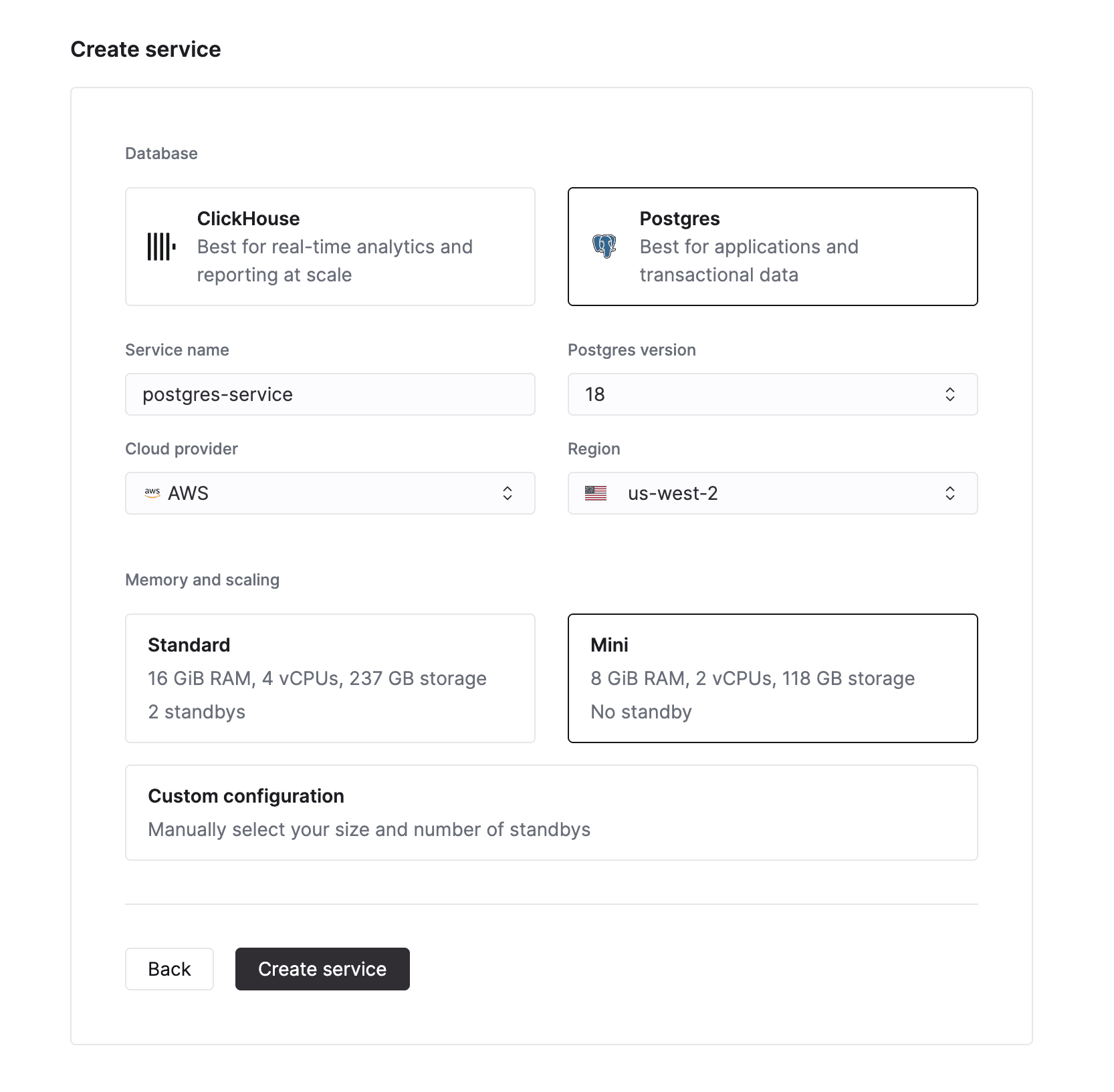 Create a ClickHouse Managed Postgres service
