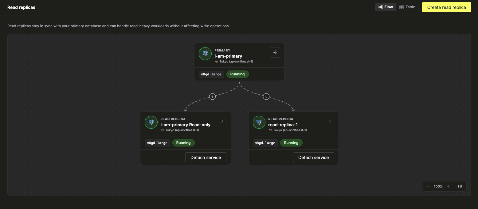Read replicas flow view showing primary and replica topology